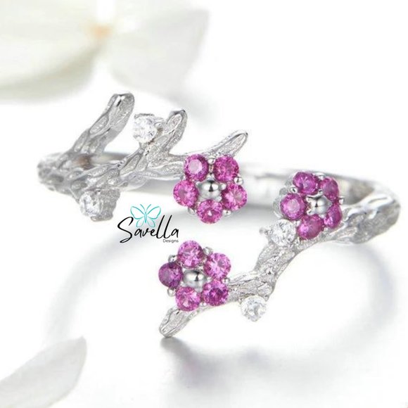 Resizable Cherry Blossom Ring Solid Sterling 925 Silver - Picture 2 of 3